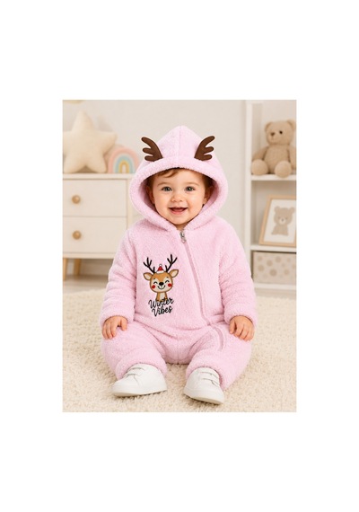 Tatlı Geyik Nakışlı Welsoft Peluş Kapüşonlu Fermuarlı Kışlık Unisex Bebek Tulumu 40212 Pembe