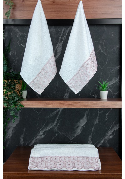 Dantelli Güpürlü Lüks %100 Pamuk Çeyizlik 6 Lı El Yüz Havlu Seti 40x70 - Pembe - 4400 Pembe