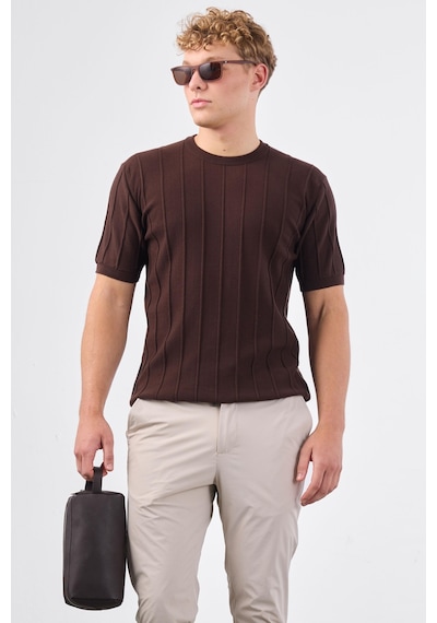 Dufy Kahve Fitilli Erkek Triko - Slim Fit Kahve