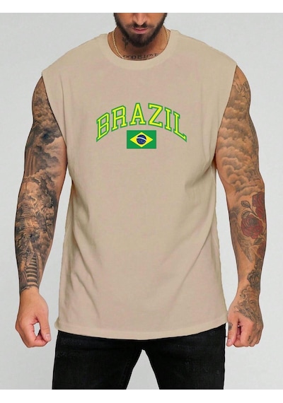 Brazılya Baskılı Kolsuz Tişört Bej