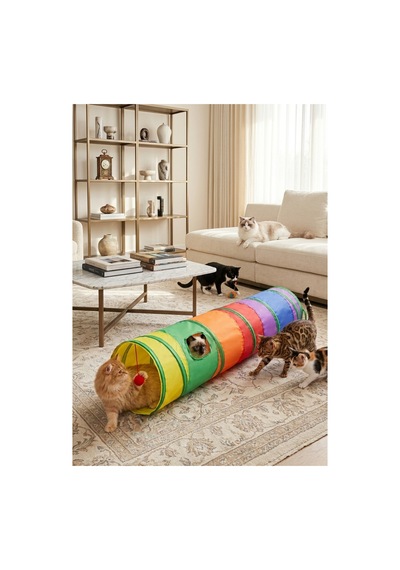 Katlanabilir Gökkuşağı Düz Kedi Oyun Tüneli 120 Cm X 25 Cm