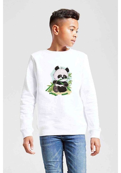 Tshirthane Panda Baskılı Unisex Çocuk Beyaz Sweatshirt (534762599) Beyaz