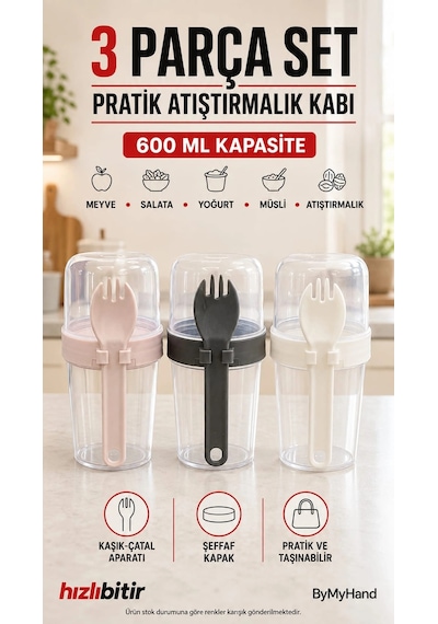 Bymyhand Plastik Çatallı Hazneli Yoğurt Meyve Ve Sebze Musli Kabı 600 Ml Karışık Renk Şeffaf