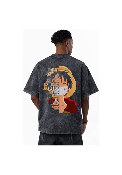 Sevbano Monkey D. Luffy One Piece Anime Baskılı Unisex Oversize Eskitme Y Siyah