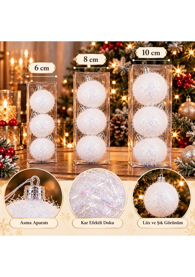 3'lü Lüks Yılbaşı Ağacı Top Süsü Seti 8 Cm - İp Dokulu & Işıltılı Süsleme Topları Beyaz, Gold, Gümüş, Kırmızı - 9045052377718 Diğer