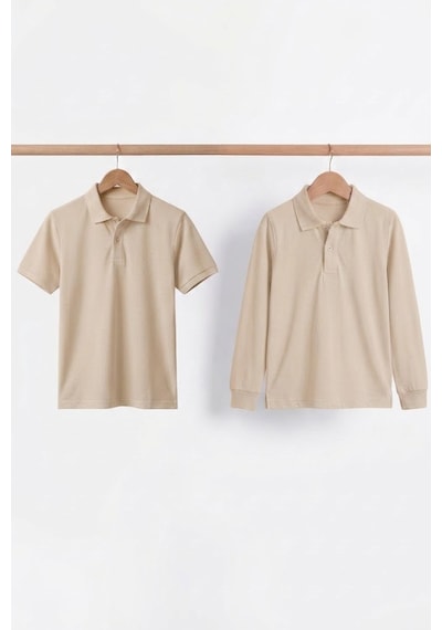 Nacar Store Unisex Çocuk Uzun Ve Kısa Kollu Polo Yaka Okul Tişörtü 2'li Set Bej