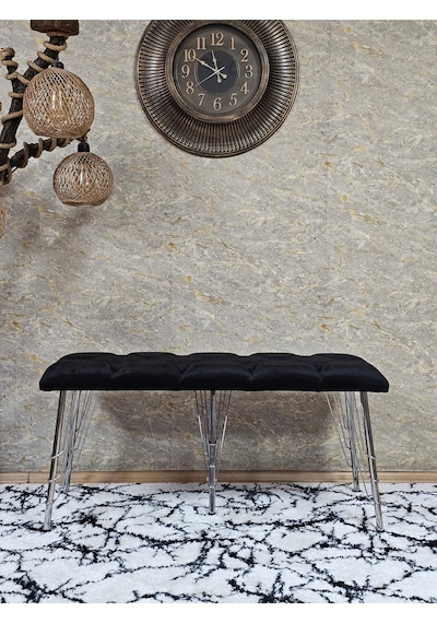 Zafir Metal Krom Tel Ayaklı 100 Cm Puf Bench - Puf - Bench - Oturak - Mutfak Oturağı - Antre Oturağı Siyah
