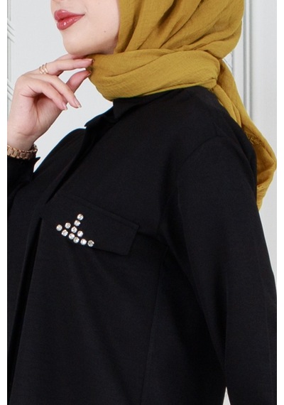 Sevitli Kapağı Taş Detaylı Tunik-siyah-3568-siyah Siyah
