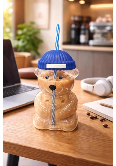 Bearista Ayıcık Pipetli Borosilikat Bardak 580 Ml Lacivert Buzlu Kahve Modeli Lacivert