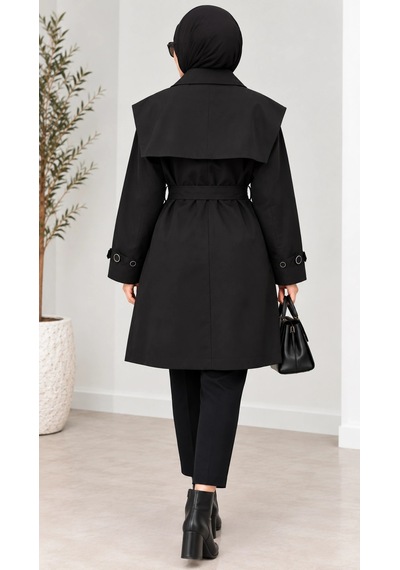 Nevayla Moda Kuşaklı Düğmeli Mevsimlik Trençkot - Siyah / M0118