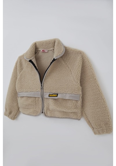 Orko Kız Çocuk Peluş Crop Hırka Kontrast Şerit & Dekoratif Yazı Arma Detaylı Fermuarlı 10-16 Yaş , Bej