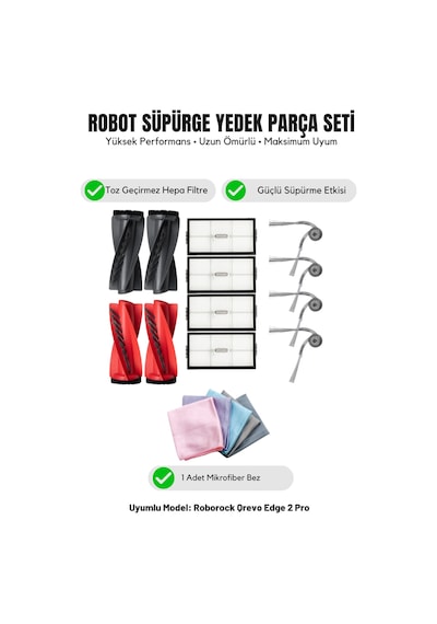 Roborock Qrevo Edge 2 Pro İle Uyumlu 2 Ana Fırça 4 Yan Fırça 4 Filtre 1 Temizlik Bezi 12.0
