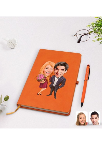 Kişiye Özel Sevgililer Karikatürlü Turuncu Termo Deri Defter Kale N11.2262
