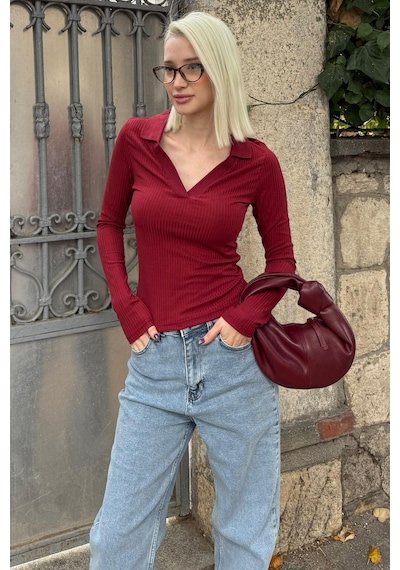 Madmext Bordo Polo Yaka Fitilli Kadın Body Mg2566 Bordo