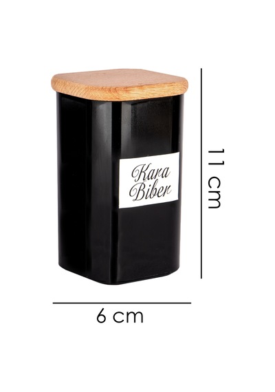 12'li 250 Ml Vakumlu Bambu Ahşap Kapaklı Kaşıklı Siyah Akrilik Baharatlık Seti Etiket Hediyeli Şeffaf