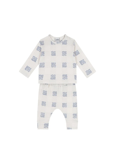 Antebies Organik Krem Ekose Çiçek Desenli Manşetli Uzun Kollu Tshirt Pantolon Kız Bebek Takım