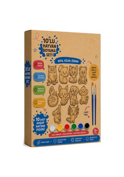 Ahşap Boyama Hayvanlar 10 Lu 1 Paket 10x15cm Set1 Ahşap Boyama 6 Renk Boya Resim Fırçası Etkinlik Çocuk Gelişim Motor