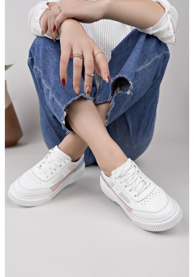 Nesilshoes Nesil Shoes Comfo 100 Beyaz Pembe Hakiki Soft Deri Kadın Sneakers