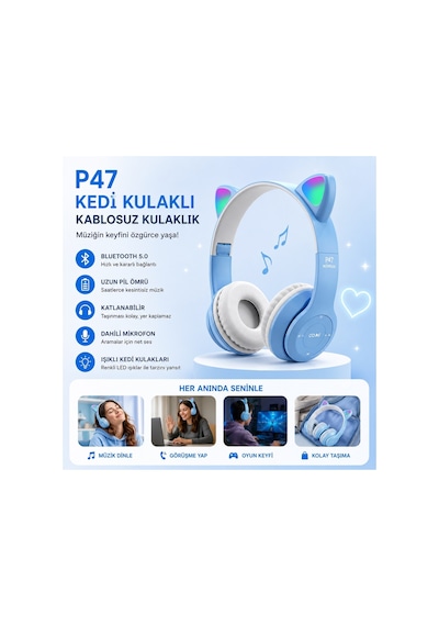 P47m Kedi Kulaklı Bluetooth Kulaklık Rgb Led Işıklı Kablosuz Kulaküstü Şarjlı Kulaklık Hafıza Kartı Ve Aux Girişli Mikrofonlu Kulaklık