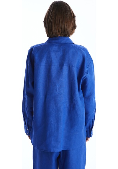 Lcw Vision Mavi Oversize %100 Keten Kadın Gömlek