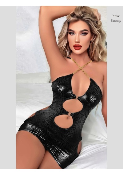 İntive Lingerie Intive Sugar Siyah Lame Deri Detaylı Boynu Zincirli Göbek Dekolte