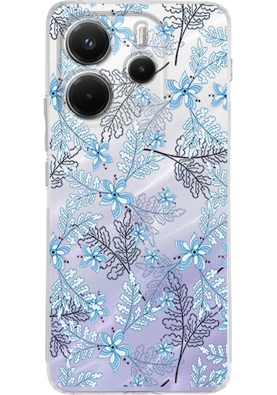 Xiaomi Redmi Note 14 5g İle Uyumlu Floral Mavi Baskılı Kamera Korumalı Şeffaf Kılıf