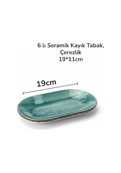 6 Lı Seramik Kayık Tabak, Çerezlik, Kahvaltılık Yeşil 19cm Karışık