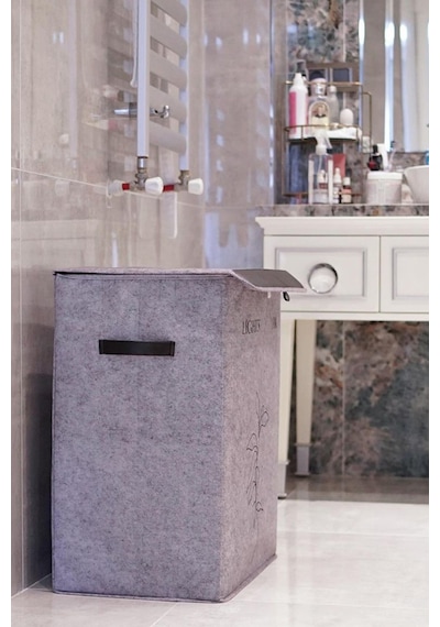 Meleni Home Keçe Deri 2 Bölmeli Çamaşır Kirli Sepeti Çok Amaçlı Katlanır Oyuncak Saklama Hurcu Gri 53x33x60 Cm Diğer
