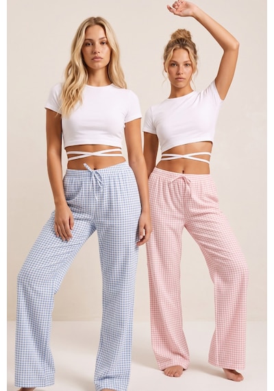Siyah İnci 2'li Fiyonk Desenli Yumuşak Tuşe Kışlık Örme Tek Alt Pijama Altı 8074 Pembe Mavi Ekose