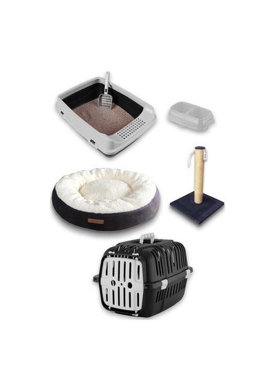 Premium Kedi Başlangıç Seti - Açık Kedi Tuvaleti, Taşıma Sepeti, Peluş Simit Yatak, Tırmalama T