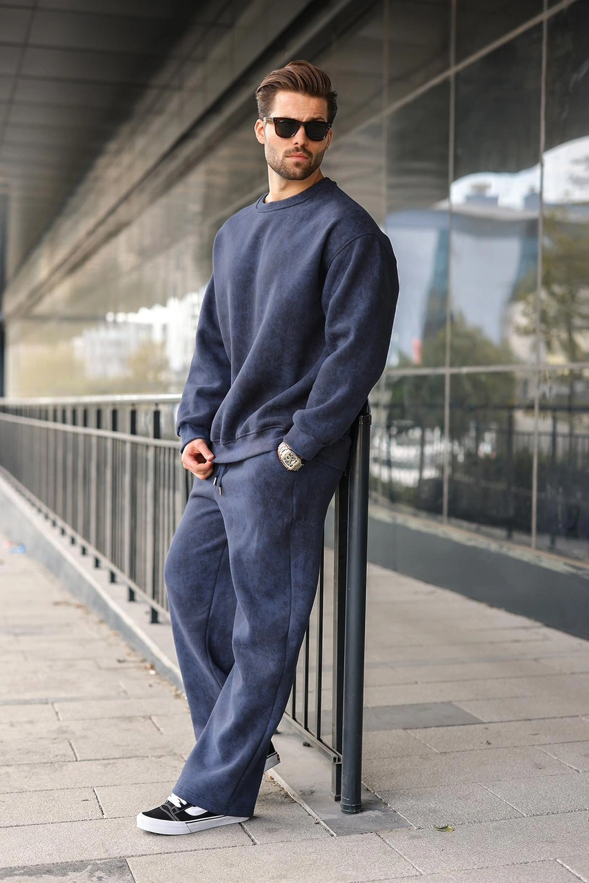 Madmext Lacivert Bisiklet Yaka Batik Desenli Erkek Sweatshirt Pantolon Takım E7344 Lacivert