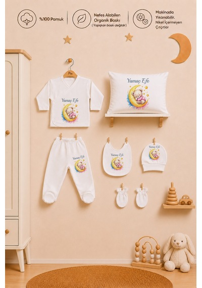 Pia Baby Hastane Çıkışı Erkek Bebek 7 Parça Zıbın Seti %100 Pamuk İsme Özel 1109zybyx Ekru