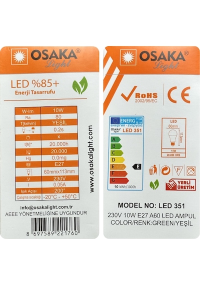 1 Adet Osaka 10w Yeşil Işık E27 Duylu Kalın Duy Led Ampul