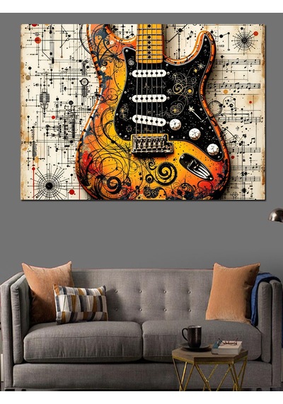 Müzik Notalı Renkli Gitar Dekoratif Kanvas - Mdf Ahşap Tablo