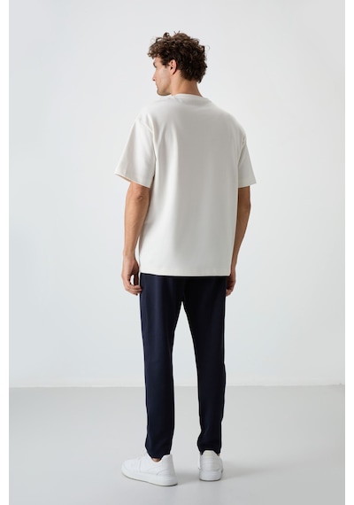 Tommy Life Ekru - Lacivert Pamuklu Kalın Yumuşak Dokulu Oversize Fit Basic Erkek Eşofman Takım - 85251 Ekru