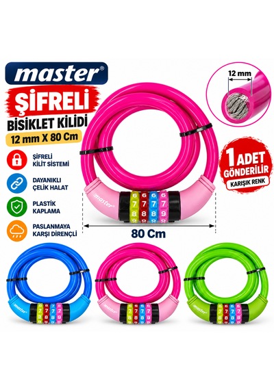 Master Bisiklet Kilidi Extra Sağlam Kilit 12 Mm X 80 Cm Karışık Renk Gönderilir Çok Renkli