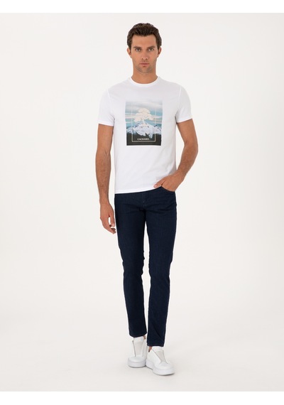 Beyaz Slim Fit Bisiklet Yaka Pamuk Karışımlı T-shirt