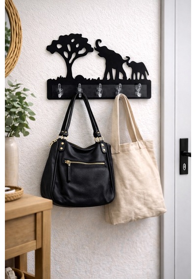 Fil Temalı Dekoratif Duvar Askılığı 6 Kancalı Mdf Anahtarlık Ve Askı 39 X 27,5 Cm Siyah Siyah