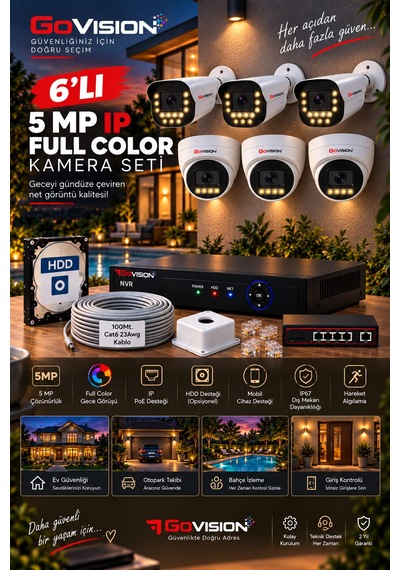 Go Vision 6'lı Güvenlik Dome Bullet Ip Kamera Seti - 3.6mm Lens, H.265, Poe, Warm Led Gece Görüşlü