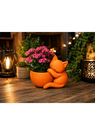 3d Baskı Sarılan Kedi Saksı - Sevimli Dekoratif Saksı - Turuncu Belirtilmemis