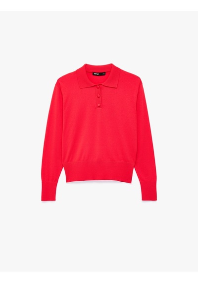 Koton Regular Fit Uzun Kollu Yarım Düğmeli Polo Yaka Triko Kazak Kırmızı 7wak90281ht