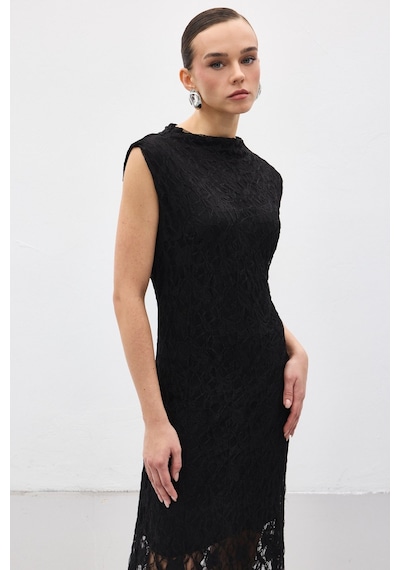 Sateen Dantel Kolsuz Elbise - Siyah-137060 Siyah