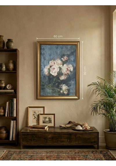 Antika Gold Çerçeveli Pastel Tonlu Mavi Güller Tablosu - Vintage Salon Duvar Dekoru 80x60 Cm