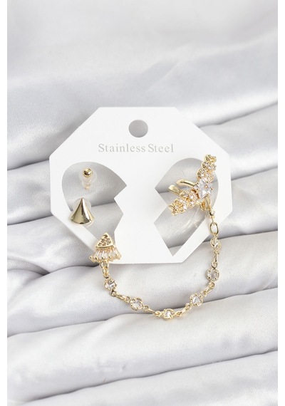 Pirinç Gold Renk Yıldızlı Model Zincir Bağlantılı Ear Cuff Küpe Seti - Çok Renkli