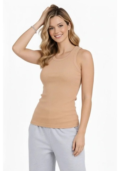 Dogutrend Fitilli Atlet Sıfır Yaka Slim Fit Arka Baskılı Spor Atlet - Bej