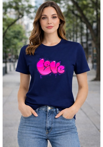 Herkesemoda Love Baskı Detaylı Basic T-shırt Lacivert