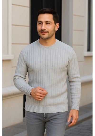 Erkek Fitilli Triko Kazak 2 Li Set Siyah Gri Kalın Dokuma Pamuklu Regular Fit Bisiklet Çok Renkli