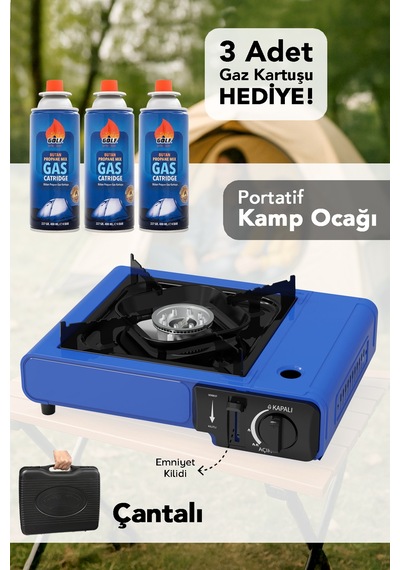Portatif Kamp Ocağı - Taşıma Çantalı Gazlı Stop Emniyetli Mavi Kamp Ocağı Ve 3 Adet 227 Gr Kartuş Mavi