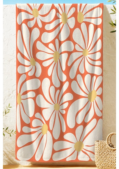 Çiçek Desenli Turuncu Beyaz Plaj Havlusu - Retro Floral Modern Hızlı Kuruyan Mikrofiber Havlu Köpük Şakayık