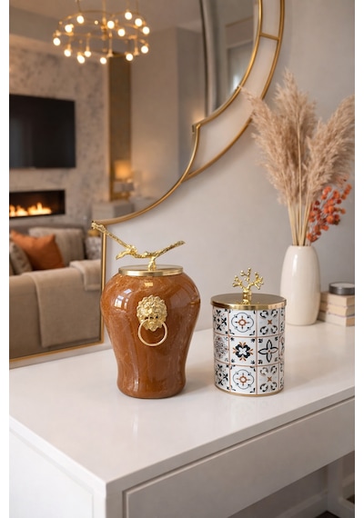 Dekoratif - Kahverengi Mermer Şah Ceramic Silindir Gold